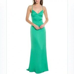 NWT Authentic LIV FOSTER Textured Satin V-neck Spaghetti Strap Gown